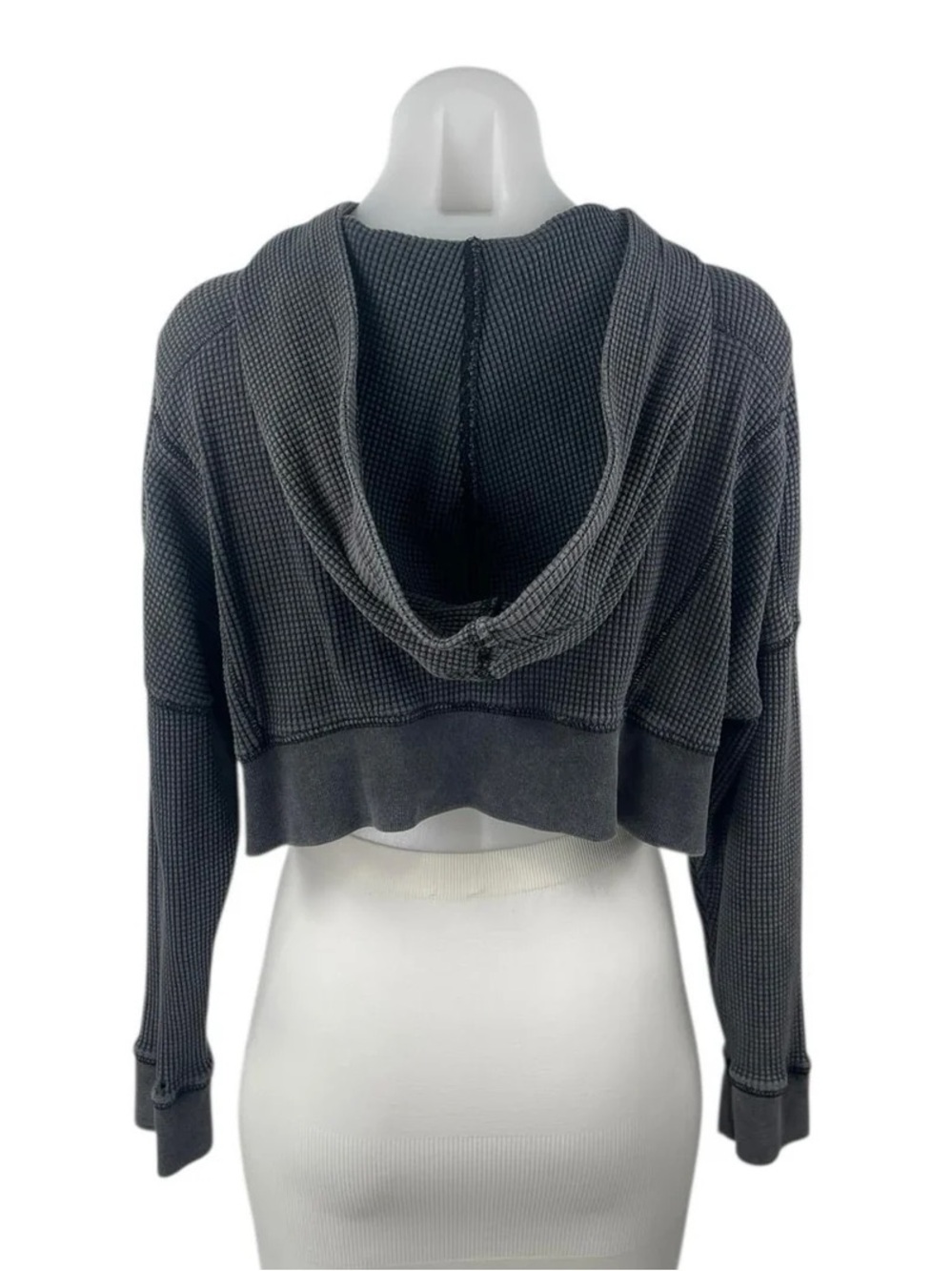 Out From Under Dark Grey Waffle Knit Long Sleeve Hooded Crop Sweatshirt Top